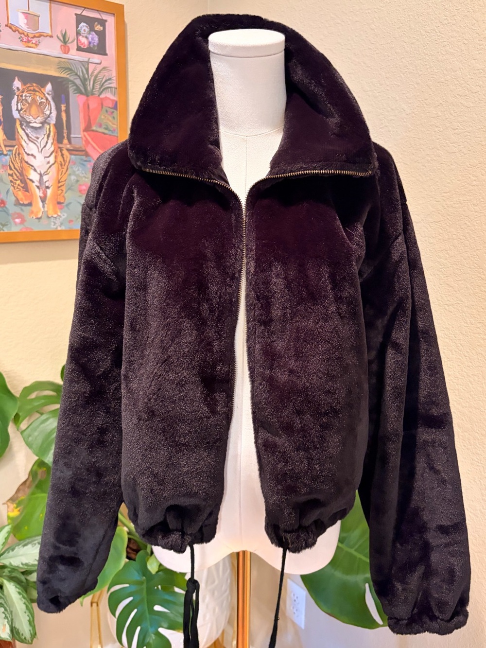 Women's J. Roberts Black Plush Faux-Fur Zip Jacket - Size Medium
